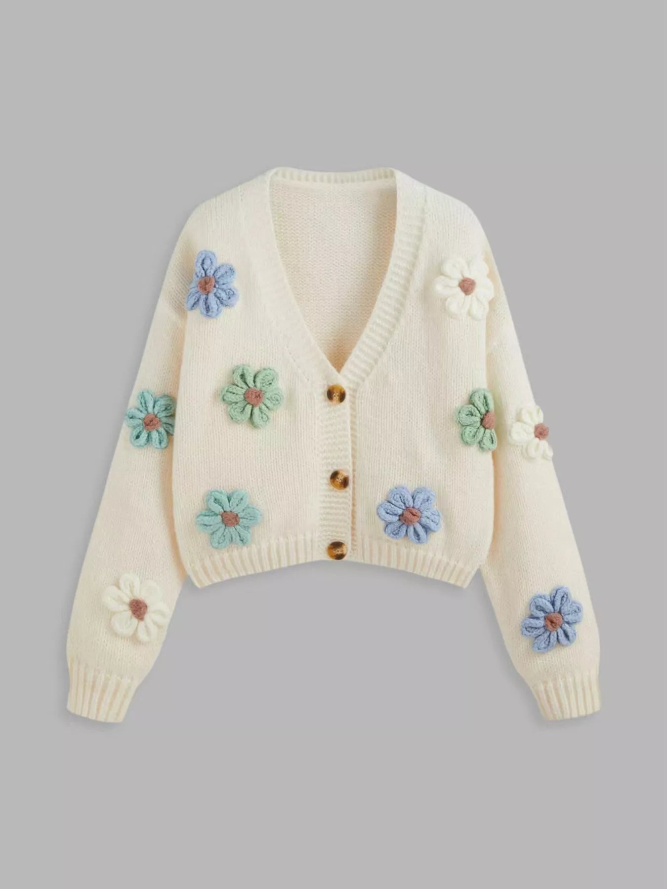 Button-front cardigan with pastel flower appliqué details