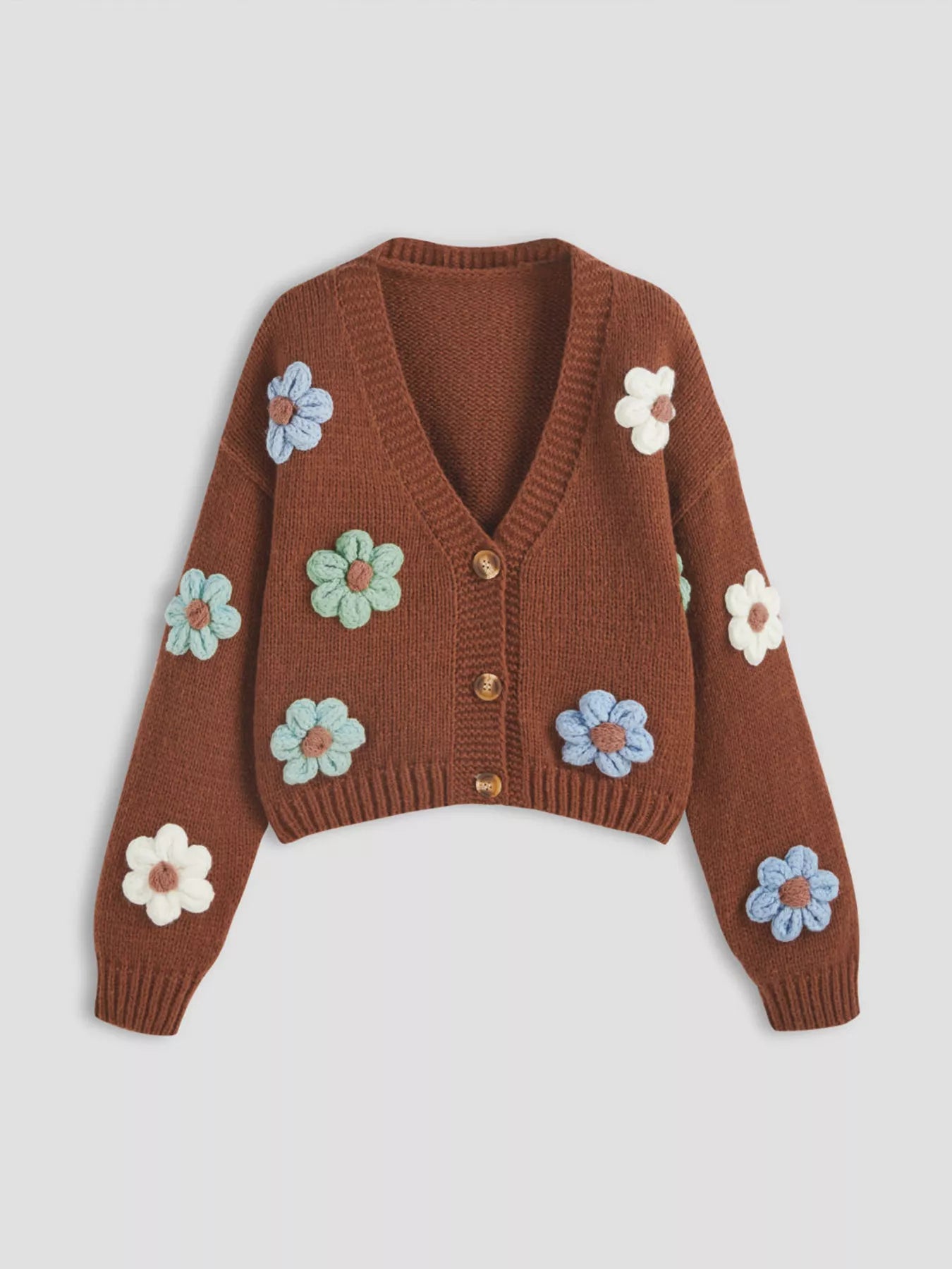 Button-front cardigan with pastel flower appliqué details