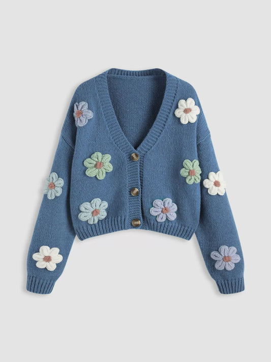 Button-front cardigan with pastel flower appliqué details