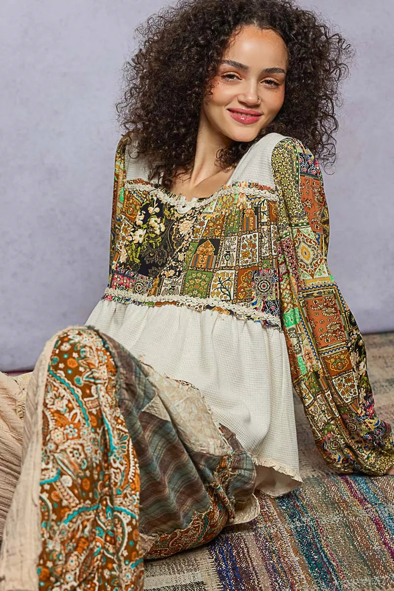Bloomfield Boho Thermal Top with square neckline, balloon sleeves, and patchwork floral pattern