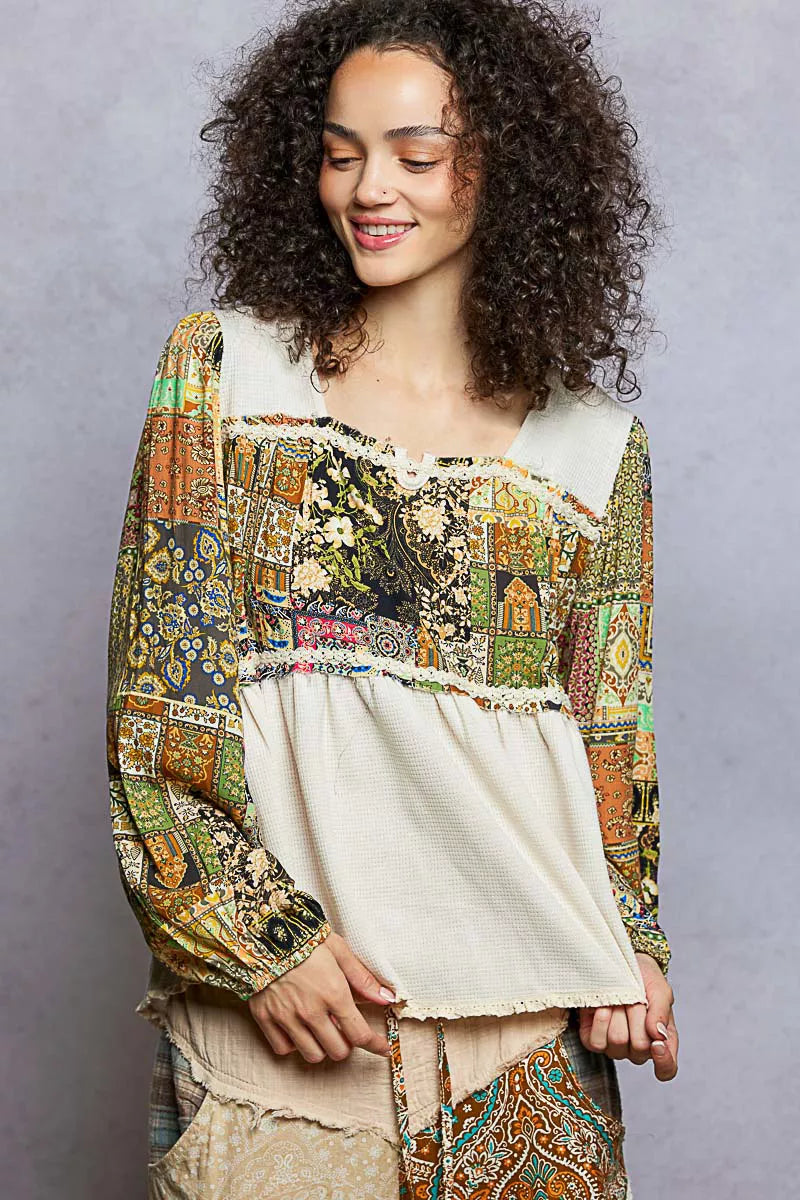Bloomfield Boho Thermal Top with square neckline, balloon sleeves, and patchwork floral pattern