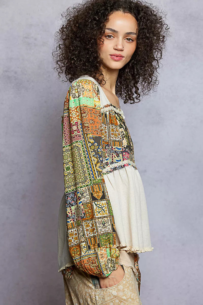 Bloomfield Boho Thermal Top with square neckline, balloon sleeves, and patchwork floral pattern