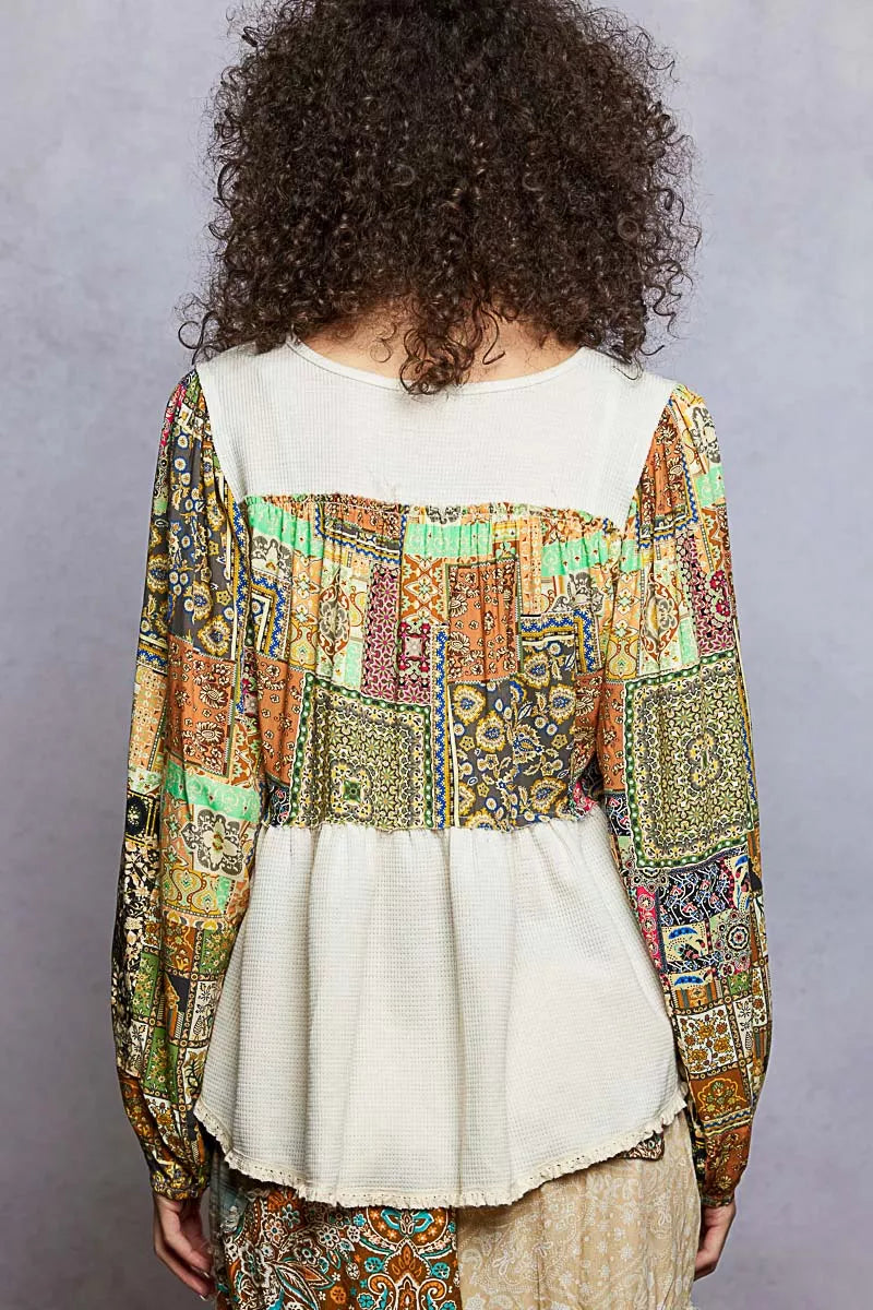 Bloomfield Boho Thermal Top with square neckline, balloon sleeves, and patchwork floral pattern