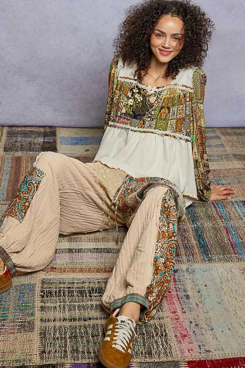 Bloomfield Boho Thermal Top with square neckline, balloon sleeves, and patchwork floral pattern