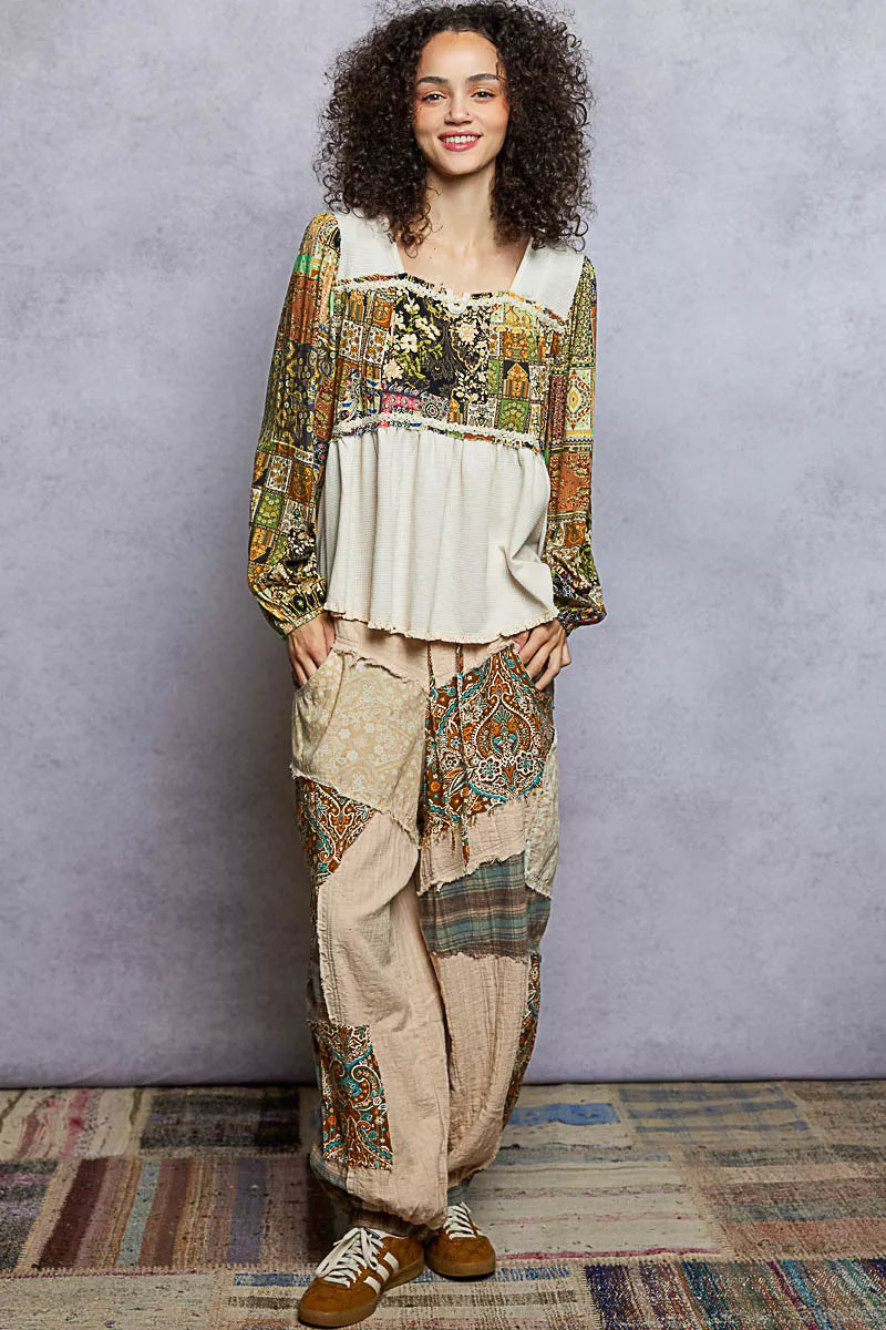 Bloomfield Boho Thermal Top with square neckline, balloon sleeves, and patchwork floral pattern