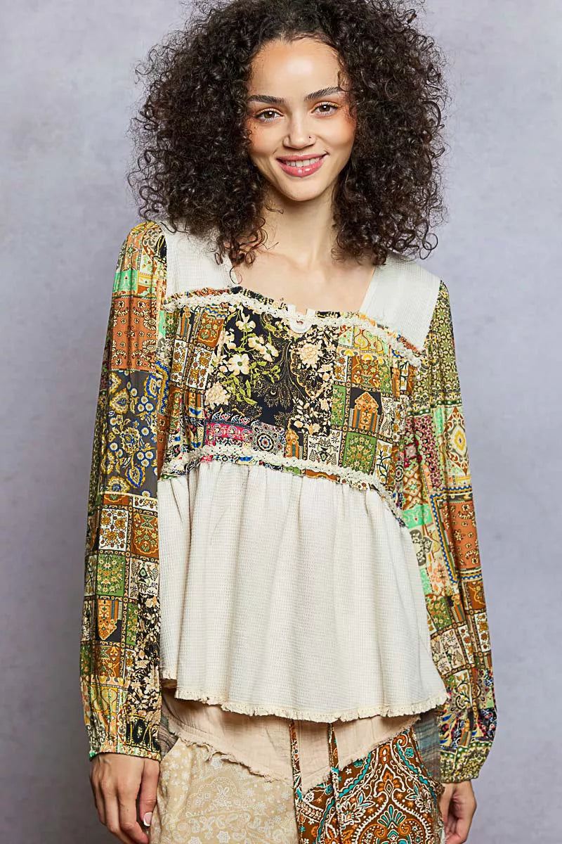 Bloomfield Boho Thermal Top with square neckline, balloon sleeves, and patchwork floral pattern