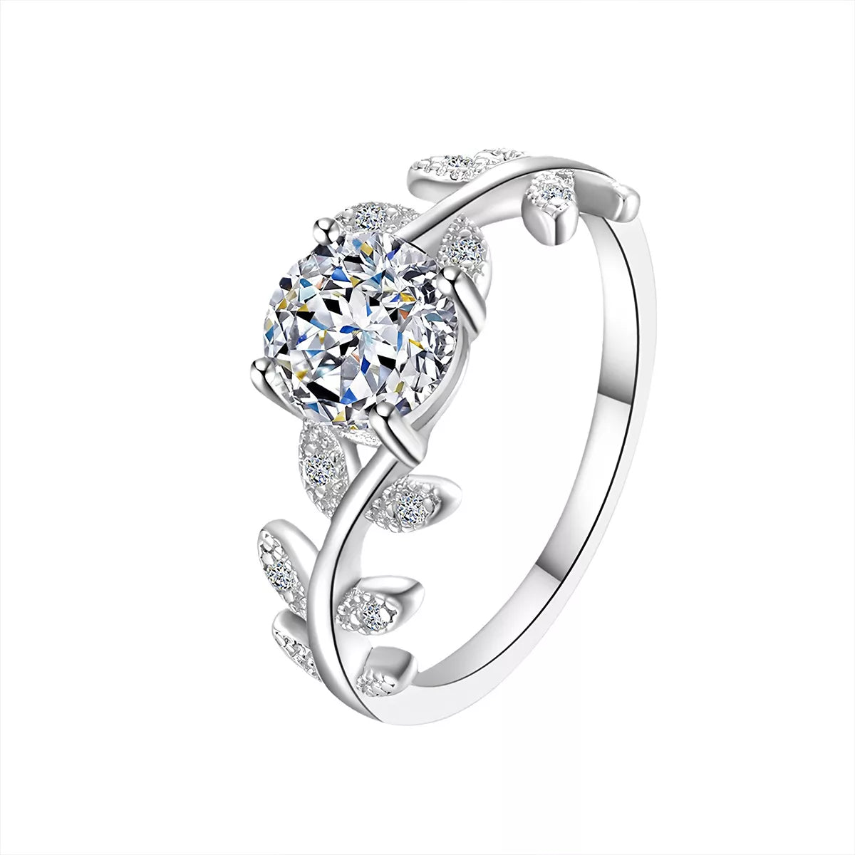 Blooming Rose Sterling Silver Ring with zircon centerpiece and delicate leaf accents on finger