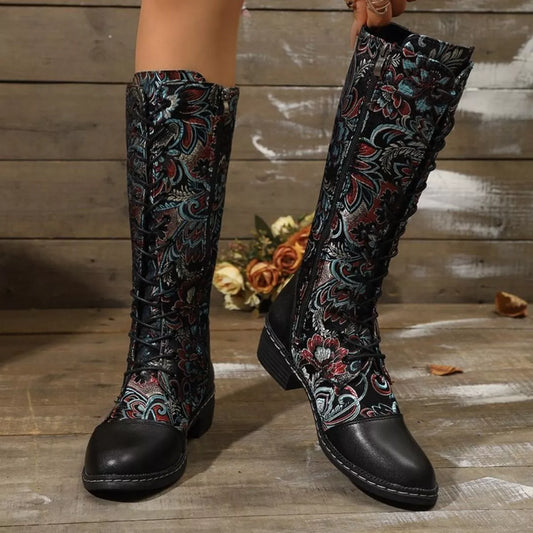 Black lace-up block heel boots with floral accents – Bloomstep style from A Whimsical Affair.