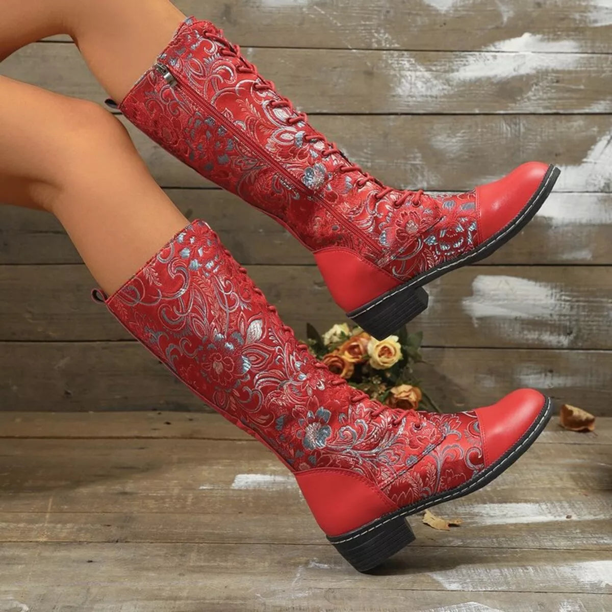 Red lace-up block heel boots with floral accents – Bloomstep style from A Whimsical Affair.