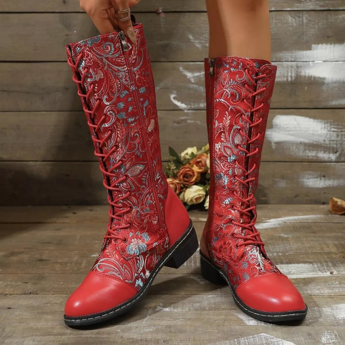 Red lace-up block heel boots with floral accents – Bloomstep style from A Whimsical Affair.