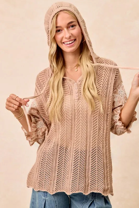 Taupe hooded knit top with jacquard floral pattern, lace accents, and puff sleeves – Blossom Haven style from A Whimsical Affair.
