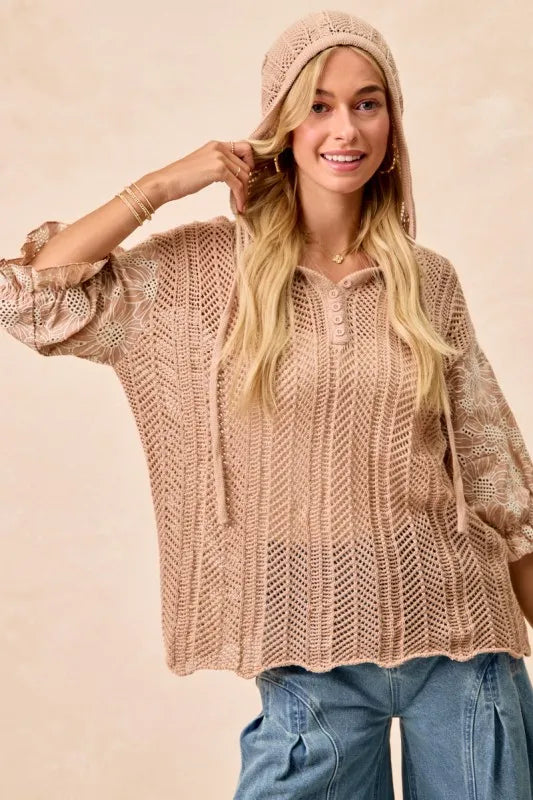 Taupe hooded knit top with jacquard floral pattern, lace accents, and puff sleeves – Blossom Haven style from A Whimsical Affair.