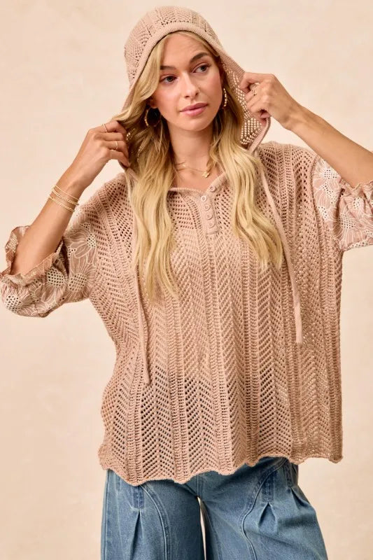 Taupe hooded knit top with jacquard floral pattern, lace accents, and puff sleeves – Blossom Haven style from A Whimsical Affair.
