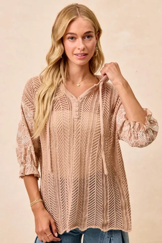 Taupe hooded knit top with jacquard floral pattern, lace accents, and puff sleeves – Blossom Haven style from A Whimsical Affair.