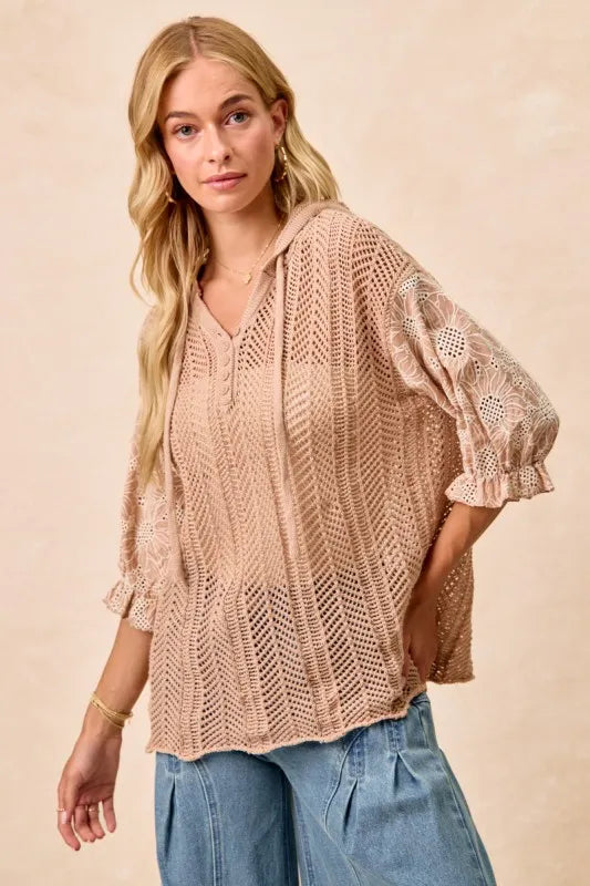 Taupe hooded knit top with jacquard floral pattern, lace accents, and puff sleeves – Blossom Haven style from A Whimsical Affair.