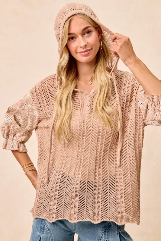 Taupe hooded knit top with jacquard floral pattern, lace accents, and puff sleeves – Blossom Haven style from A Whimsical Affair.