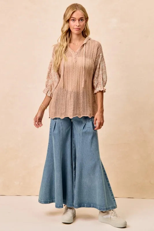 Taupe hooded knit top with jacquard floral pattern, lace accents, and puff sleeves – Blossom Haven style from A Whimsical Affair.