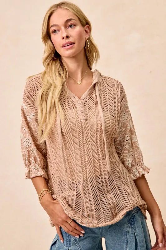 Taupe hooded knit top with jacquard floral pattern, lace accents, and puff sleeves – Blossom Haven style from A Whimsical Affair.