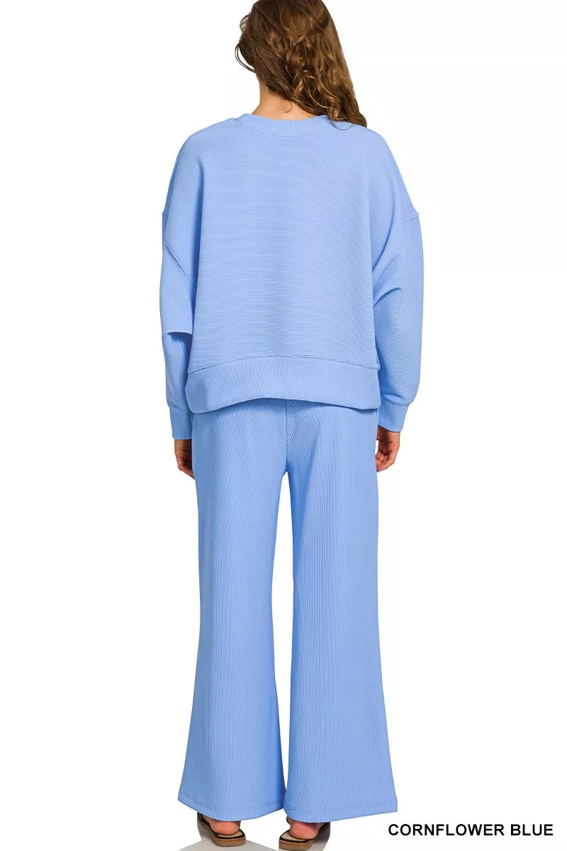 Blue Skies Ribbed Lounge Set featuring round neck pullover and wide-leg drawstring pants in cornflower blue