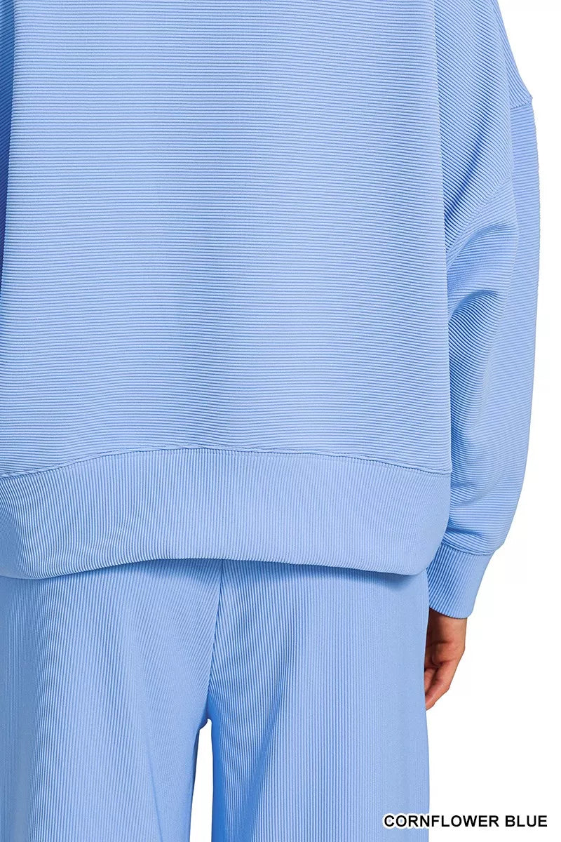 Blue Skies Ribbed Lounge Set featuring round neck pullover and wide-leg drawstring pants in cornflower blue
