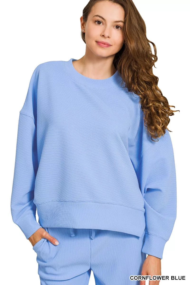 Blue Skies Ribbed Lounge Set featuring round neck pullover and wide-leg drawstring pants in cornflower blue