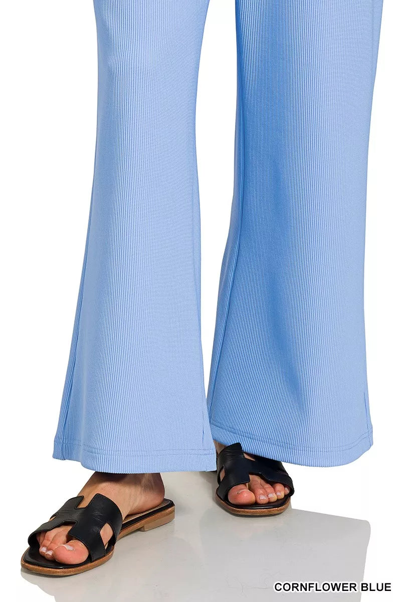 Blue Skies Ribbed Lounge Set featuring round neck pullover and wide-leg drawstring pants in cornflower blue