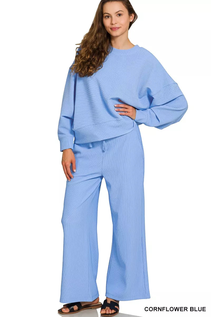 Blue Skies Ribbed Lounge Set featuring round neck pullover and wide-leg drawstring pants in cornflower blue