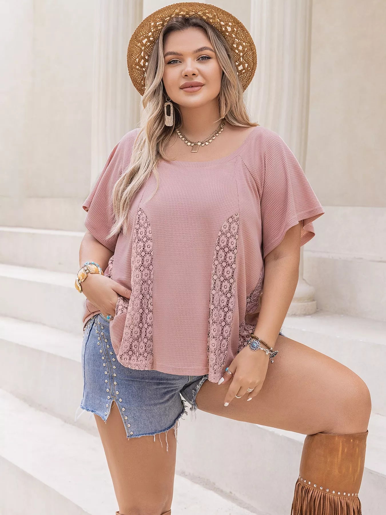 Plus size blush pink short sleeve top with lace openwork details, styled with denim shorts and summer accessories – Blush Breeze Lace Detail Top for women.