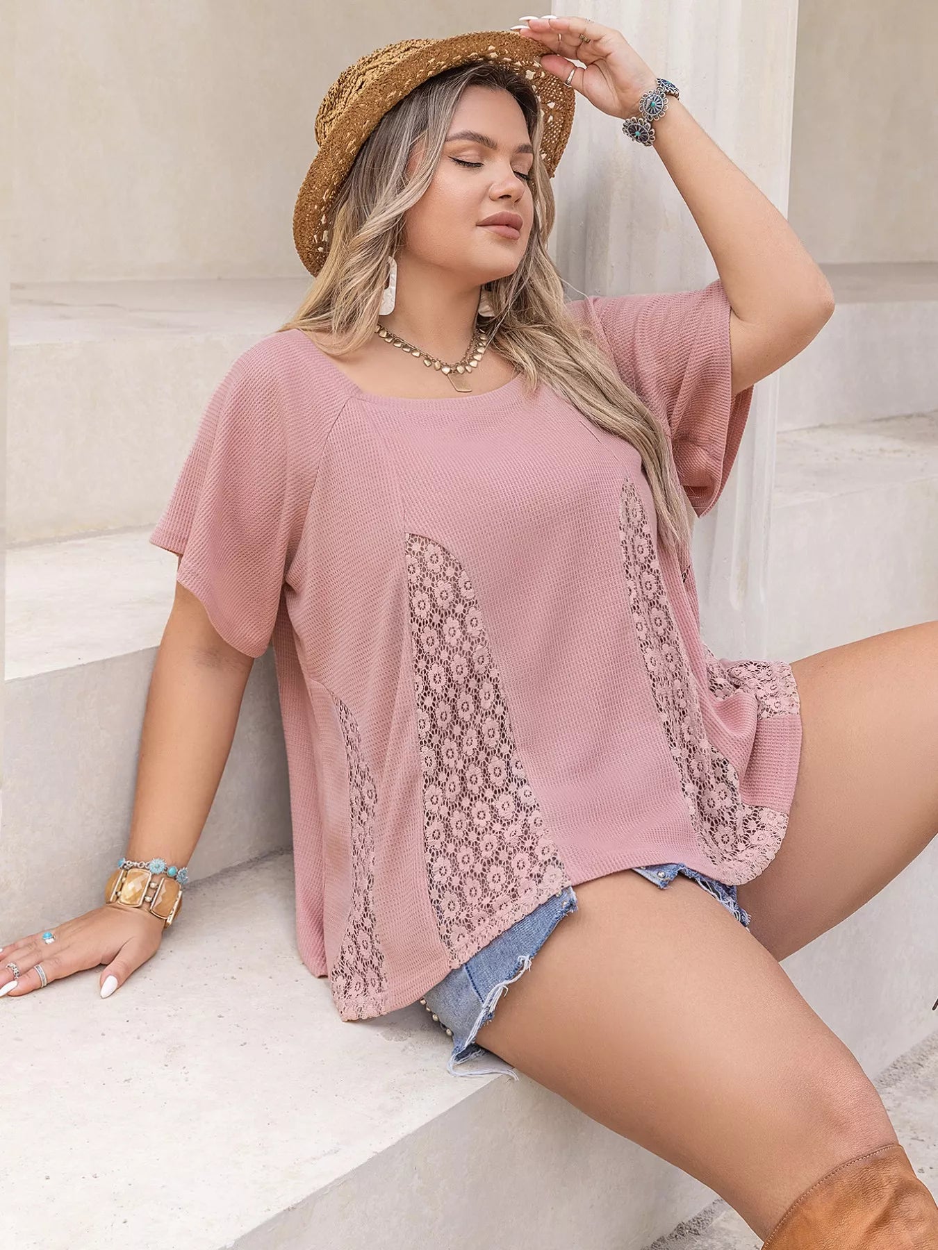 Plus size blush pink short sleeve top with lace openwork details, styled with denim shorts and summer accessories – Blush Breeze Lace Detail Top for women.