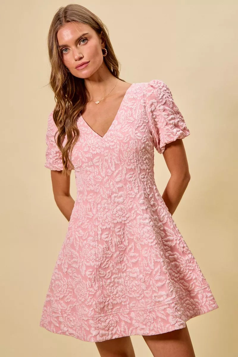 Pink floral jacquard fit and flare mini dress with short sleeves