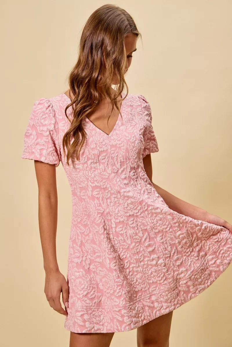 Pink floral jacquard fit and flare mini dress with short sleeves
