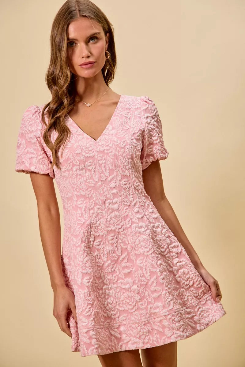 Pink floral jacquard fit and flare mini dress with short sleeves