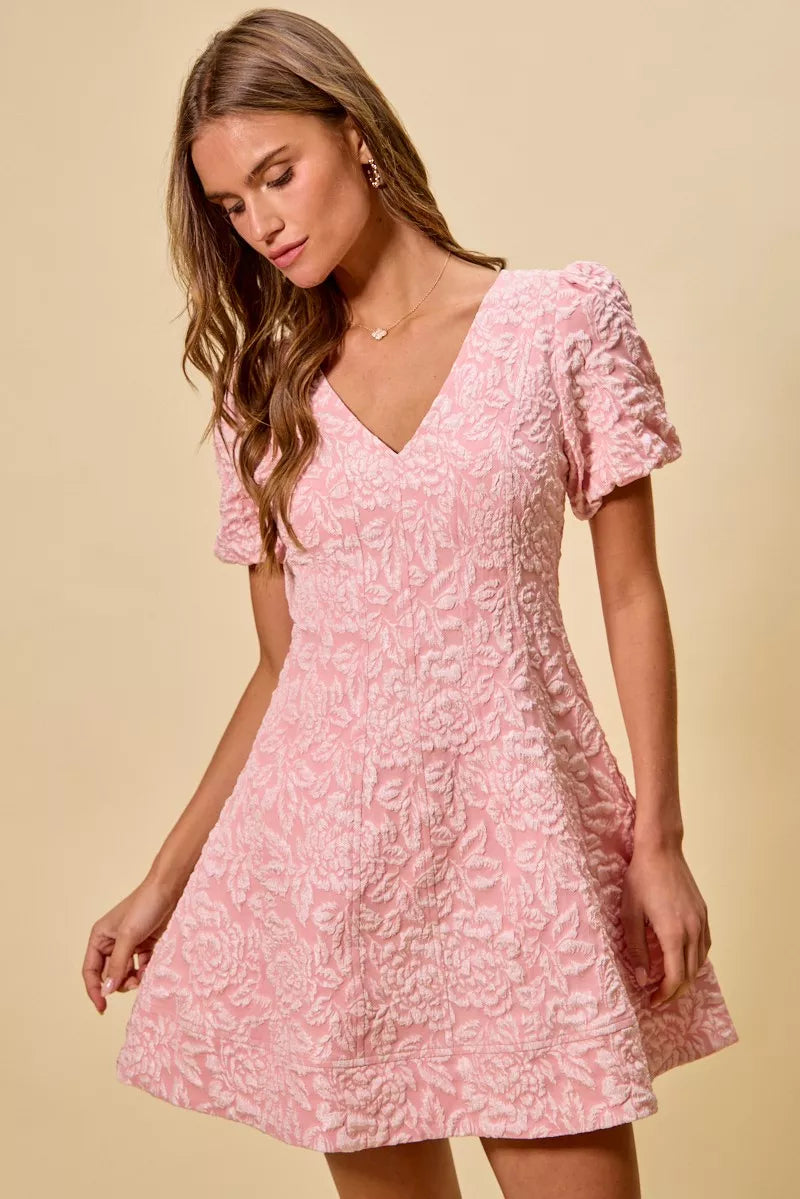 Pink floral jacquard fit and flare mini dress with short sleeves