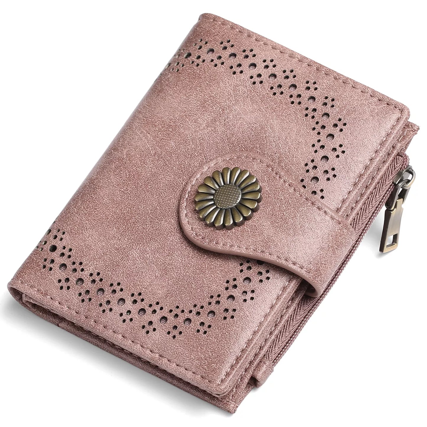 Blush pink PU leather mini wallet with vintage daisy snap closure and perforated detail