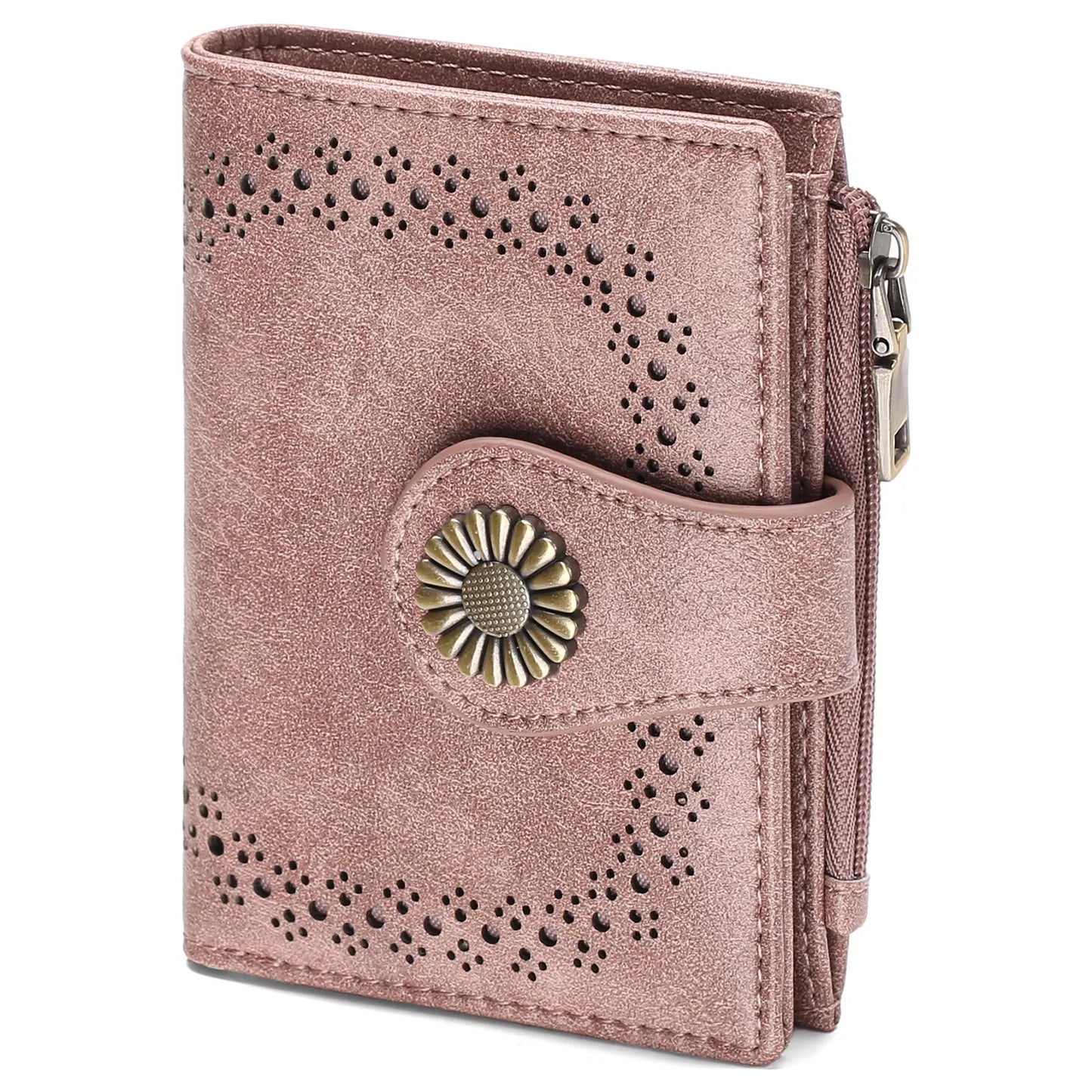 Blush pink PU leather mini wallet with vintage daisy snap closure and perforated detail