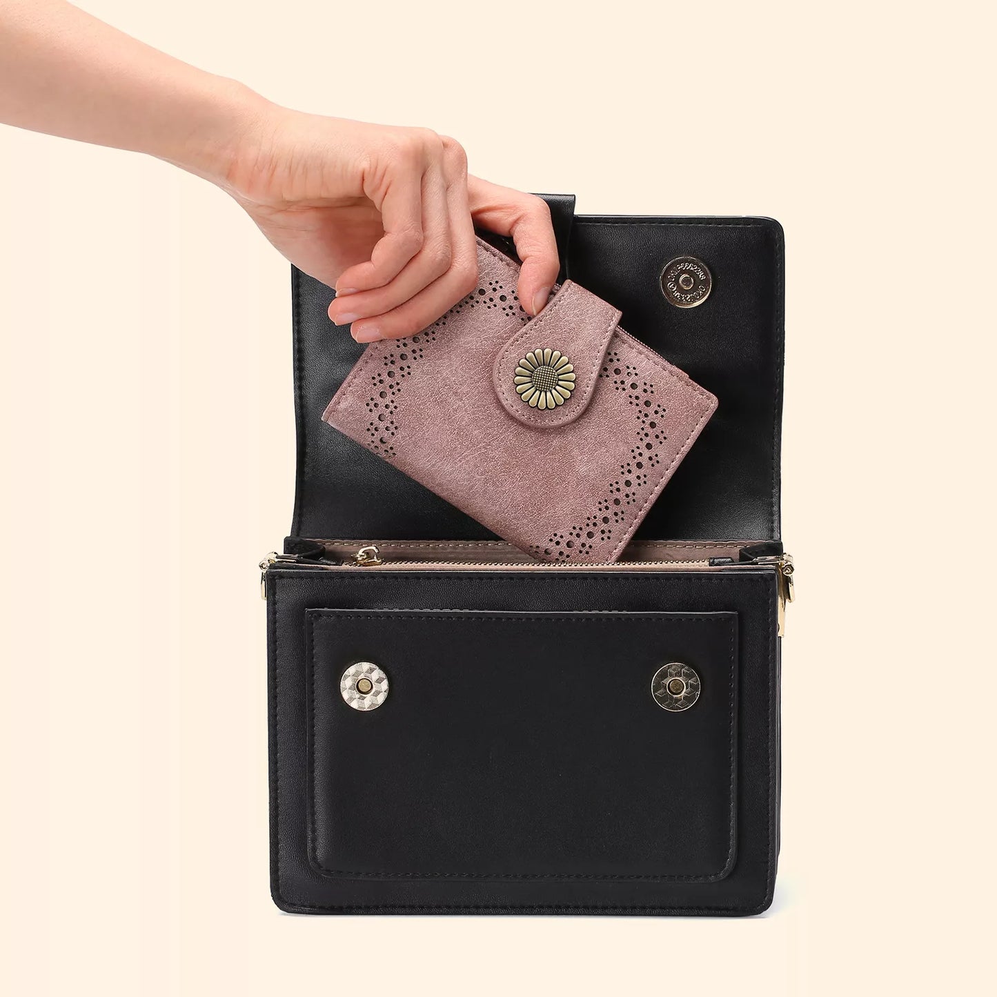 Blush pink PU leather mini wallet with vintage daisy snap closure and perforated detail