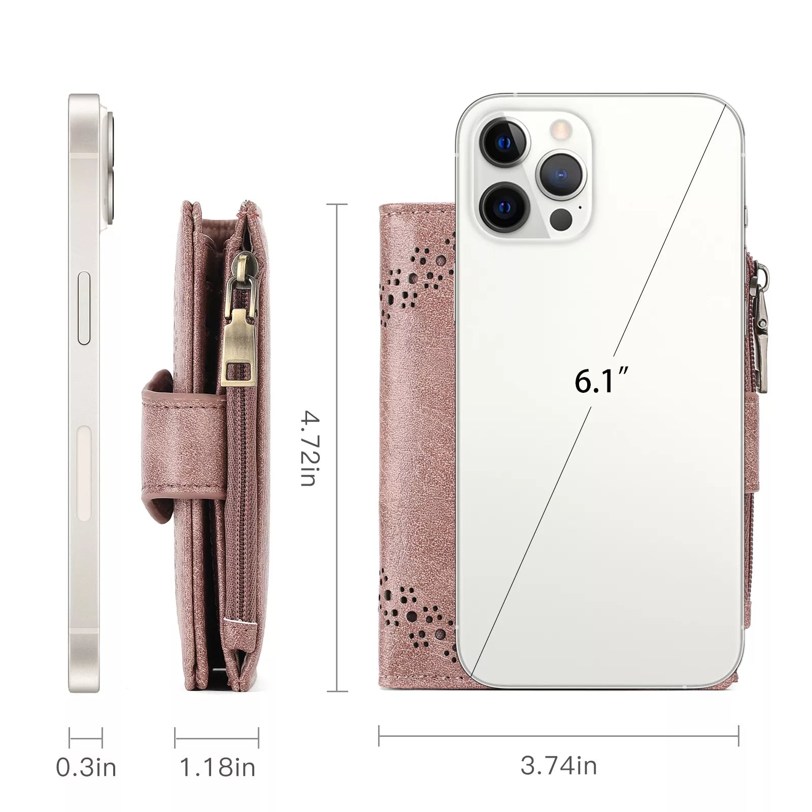 Blush pink PU leather mini wallet with vintage daisy snap closure and perforated detail