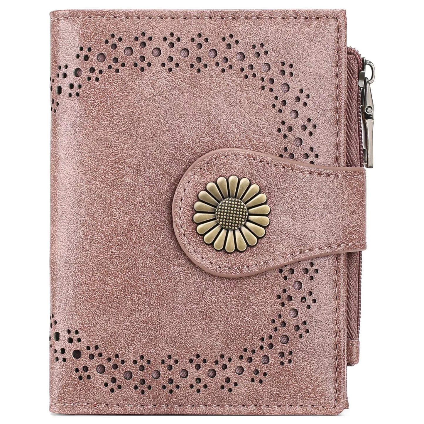 Blush pink PU leather mini wallet with vintage daisy snap closure and perforated detail
