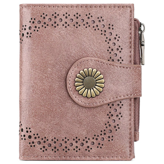 Blush pink PU leather mini wallet with vintage daisy snap closure and perforated detail