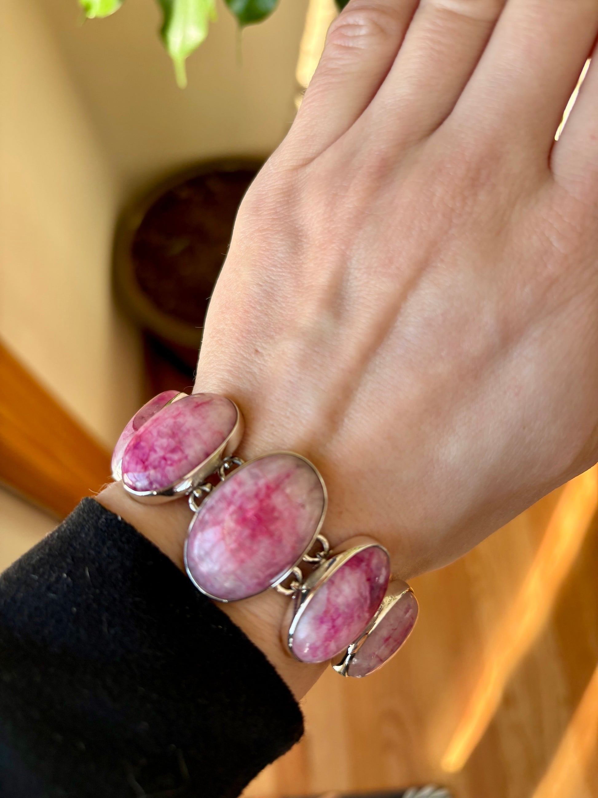 Pink moonstone bracelet with oval stones set in sterling silver