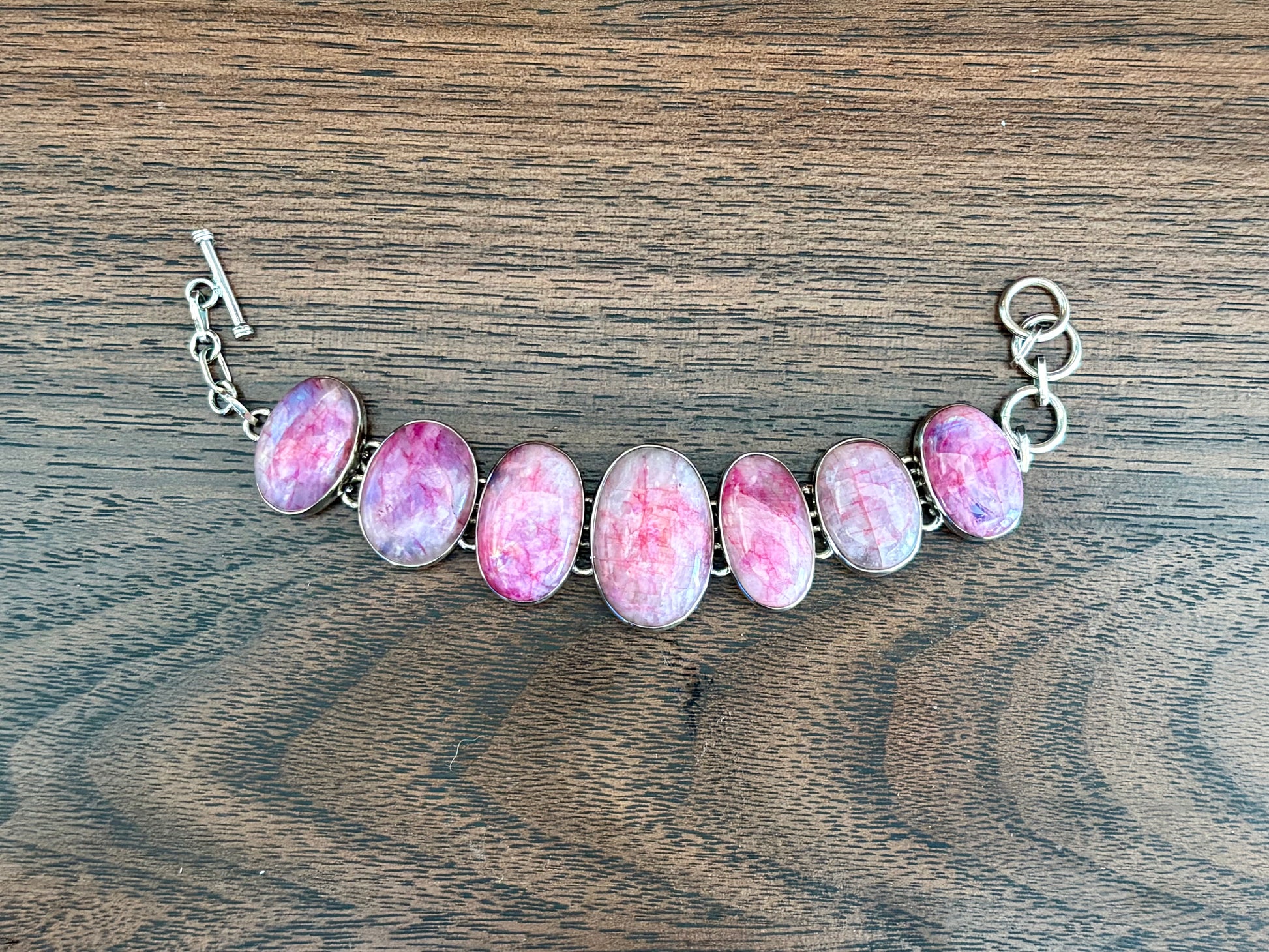 Pink moonstone bracelet with oval stones set in sterling silver