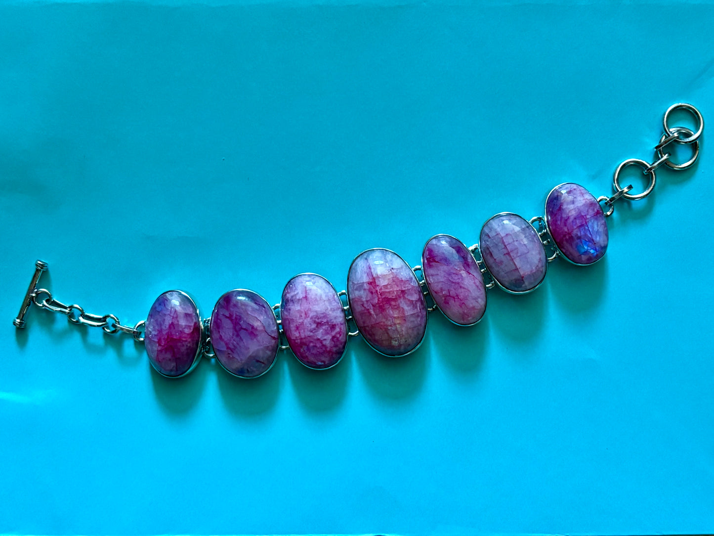Pink moonstone bracelet with oval stones set in sterling silver
