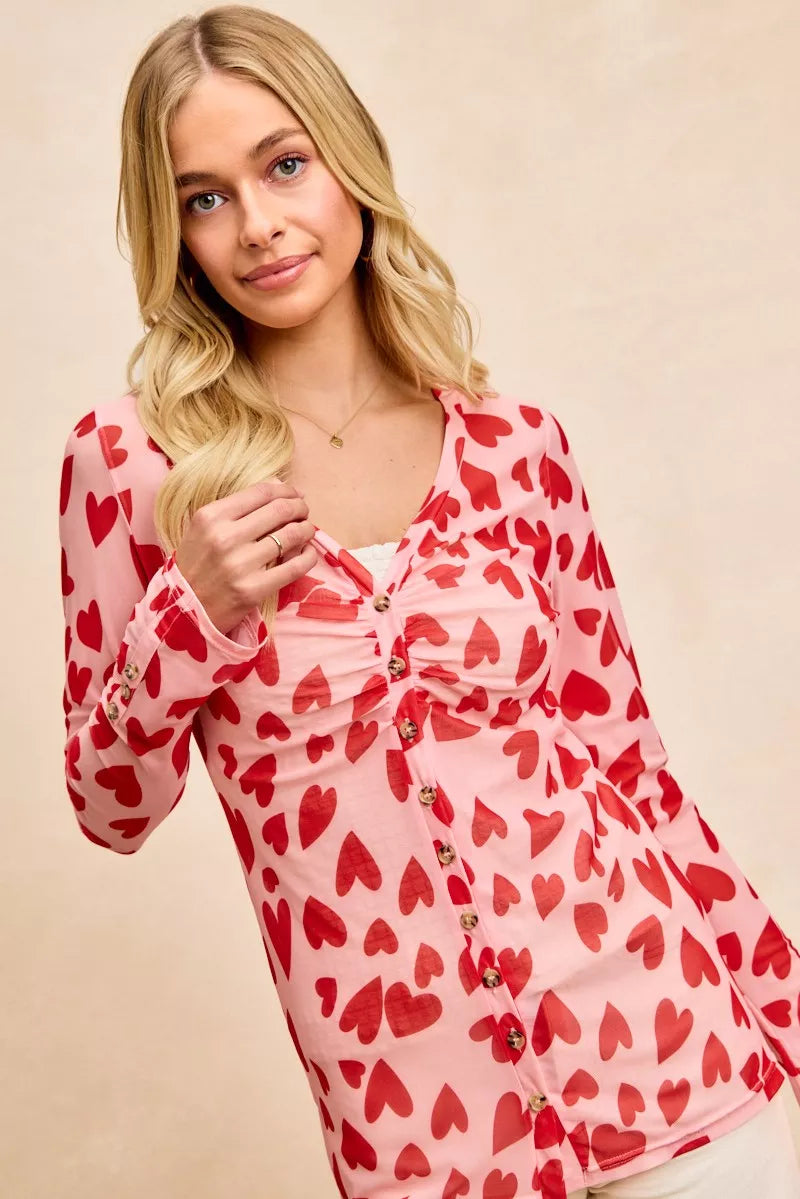 Pink heart print ruched button-down mesh top for women