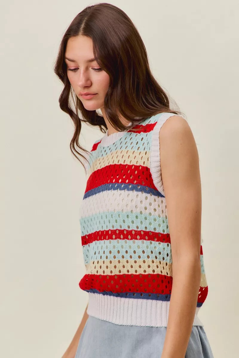 Colorful striped sleeveless openwork knit tank top with ribbed trim and a slightly stretchy relaxed fit.