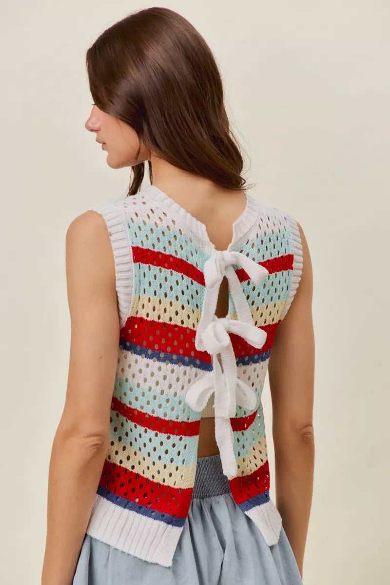 Colorful striped sleeveless openwork knit tank top with ribbed trim and a slightly stretchy relaxed fit.