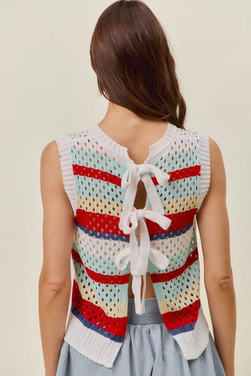 Colorful striped sleeveless openwork knit tank top with ribbed trim and a slightly stretchy relaxed fit.