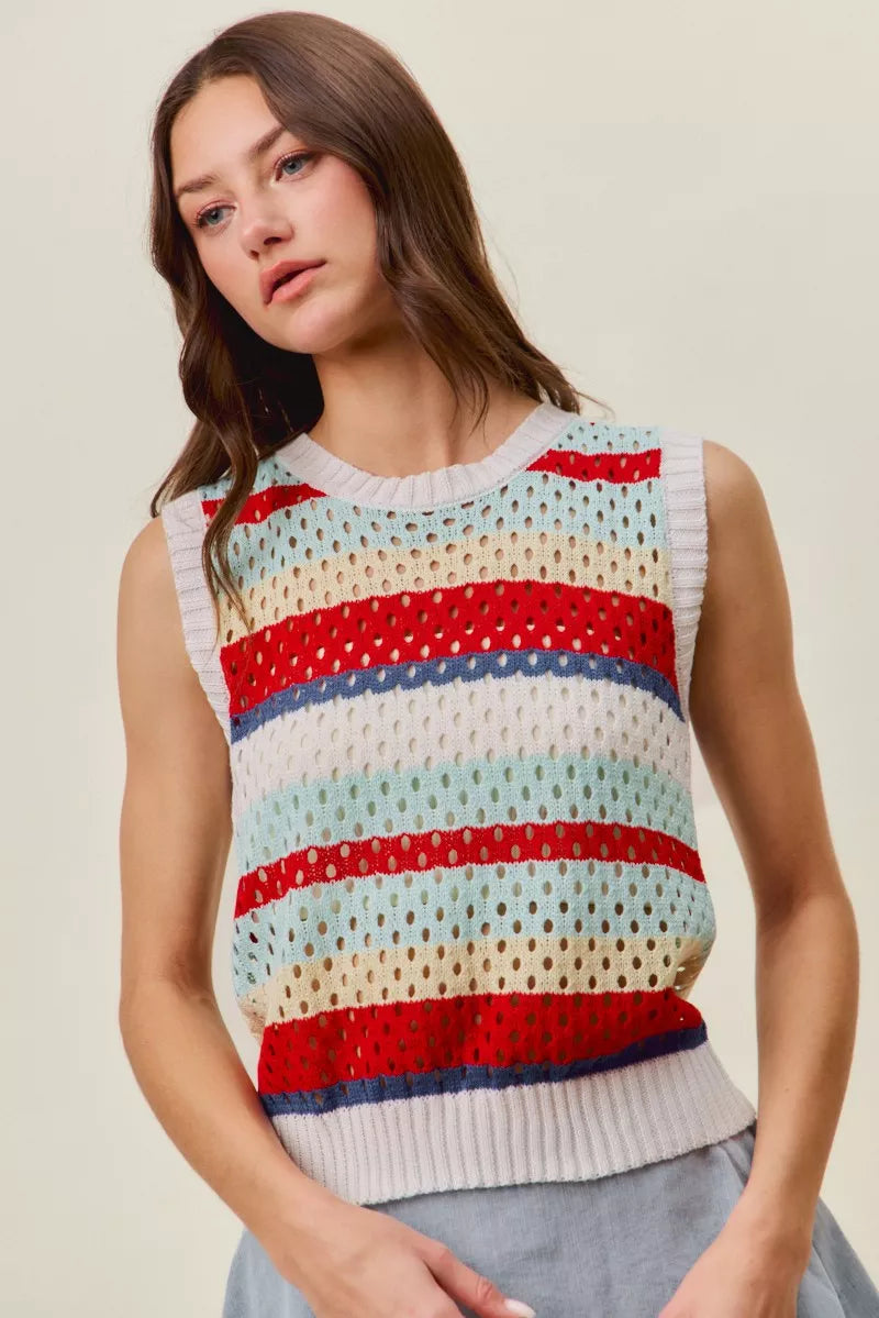 Colorful striped sleeveless openwork knit tank top with ribbed trim and a slightly stretchy relaxed fit.