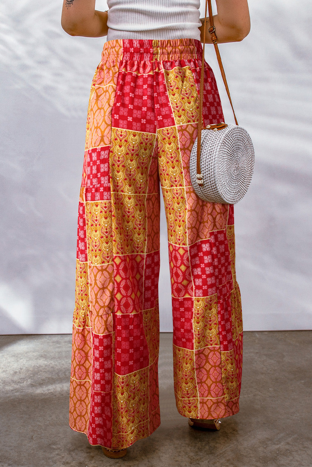 Bohemian patchwork drawstring wide leg pants in red – flowy festival-ready boho style trousers.