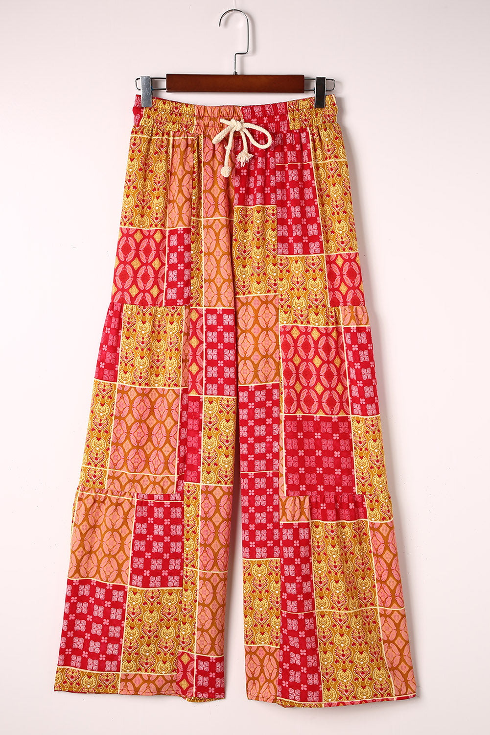 Bohemian patchwork drawstring wide leg pants in red – flowy festival-ready boho style trousers.