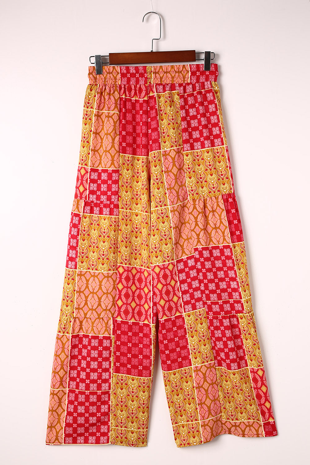 Bohemian patchwork drawstring wide leg pants in red – flowy festival-ready boho style trousers.